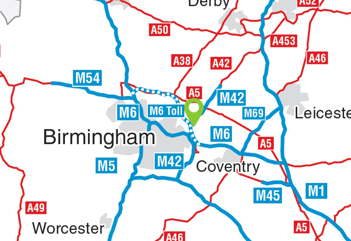 Map showing Hams Hall between Birmingham and Coventry, close to the M6 and M42